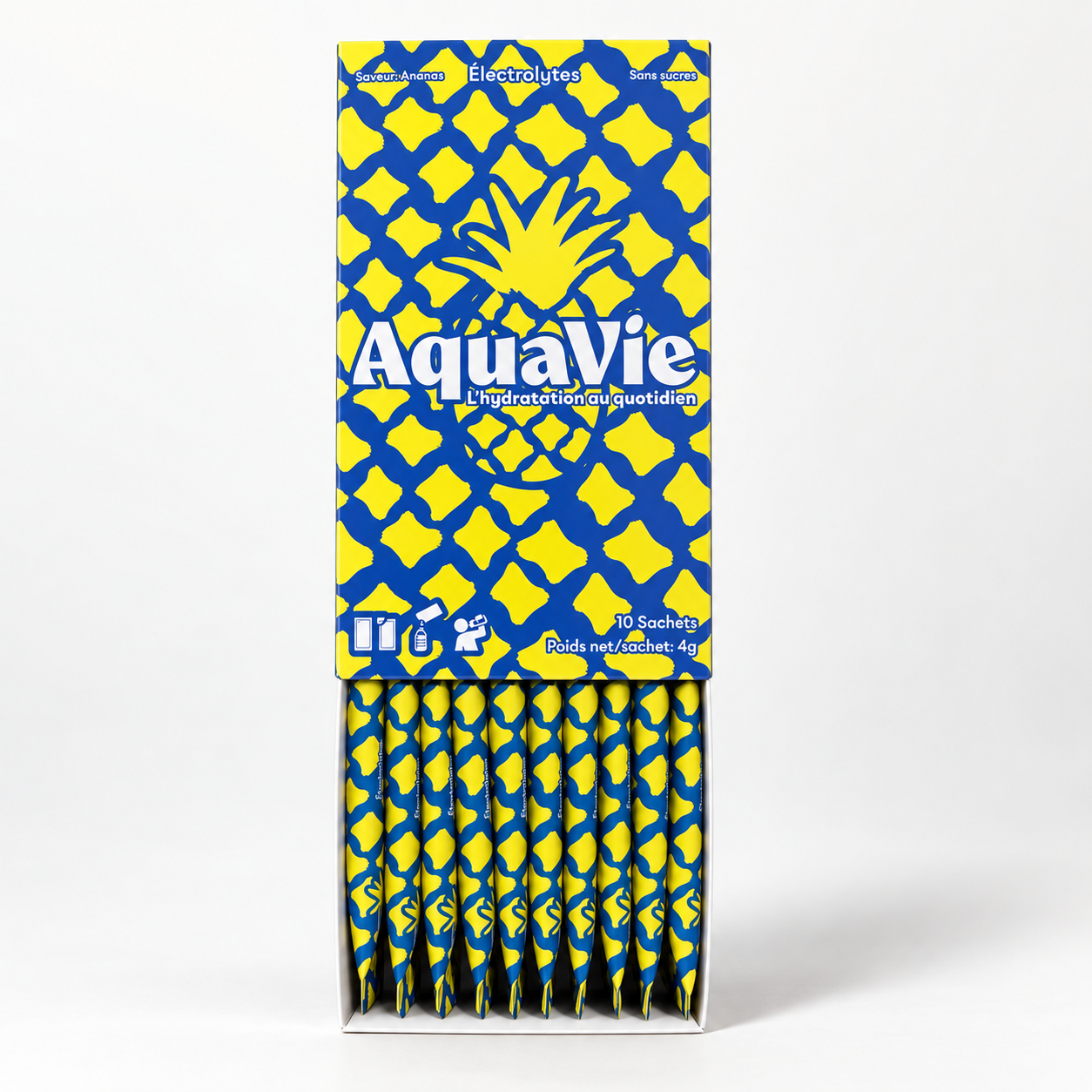 Boîte AquaVie Ananas ouverte avec ses 10 sachets