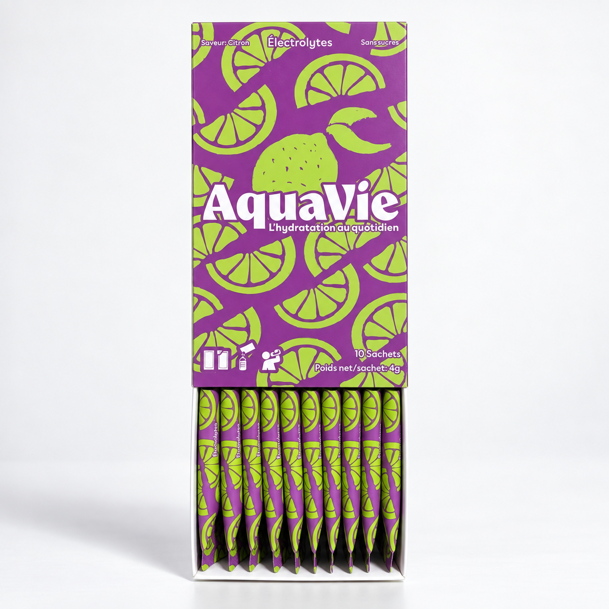 Boîte AquaVie Citron ouverte avec ses 10 sachets