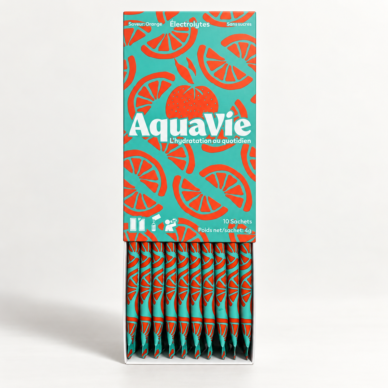 Boîte AquaVie Orange ouverte avec ses 10 sachets