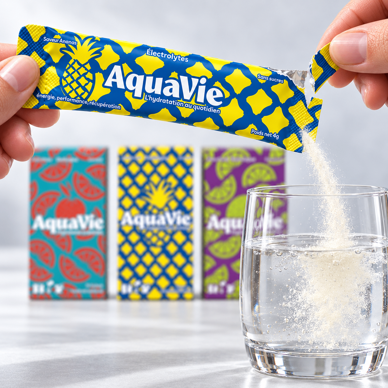 Le contenu du sachet versé dans un verre d'eau