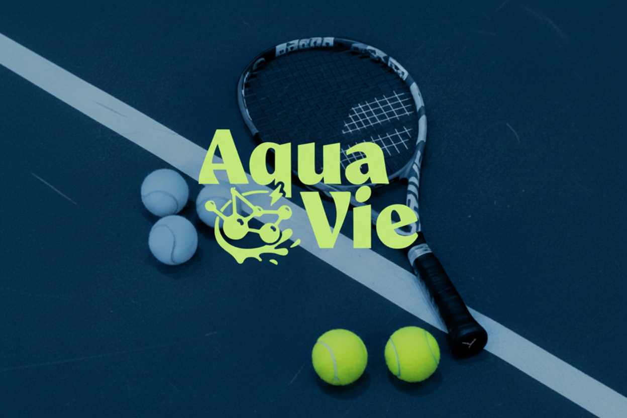Tennis racket and balls with 'Aqua Vie' logo on a dark blue background